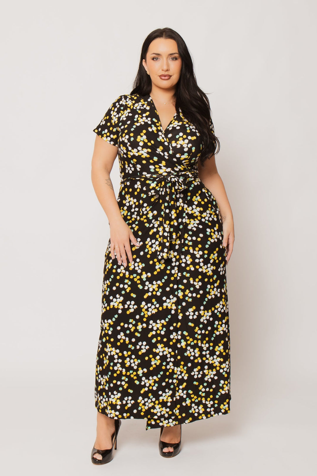 H & H FASHION Dresses Plus Size Eliana Wrap Dress- Black/Yellow