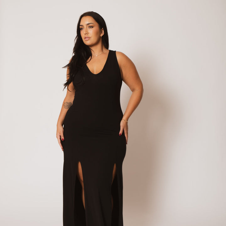 Capella Dresses Plus Size Elise Double Slit Maxi Dress - Black