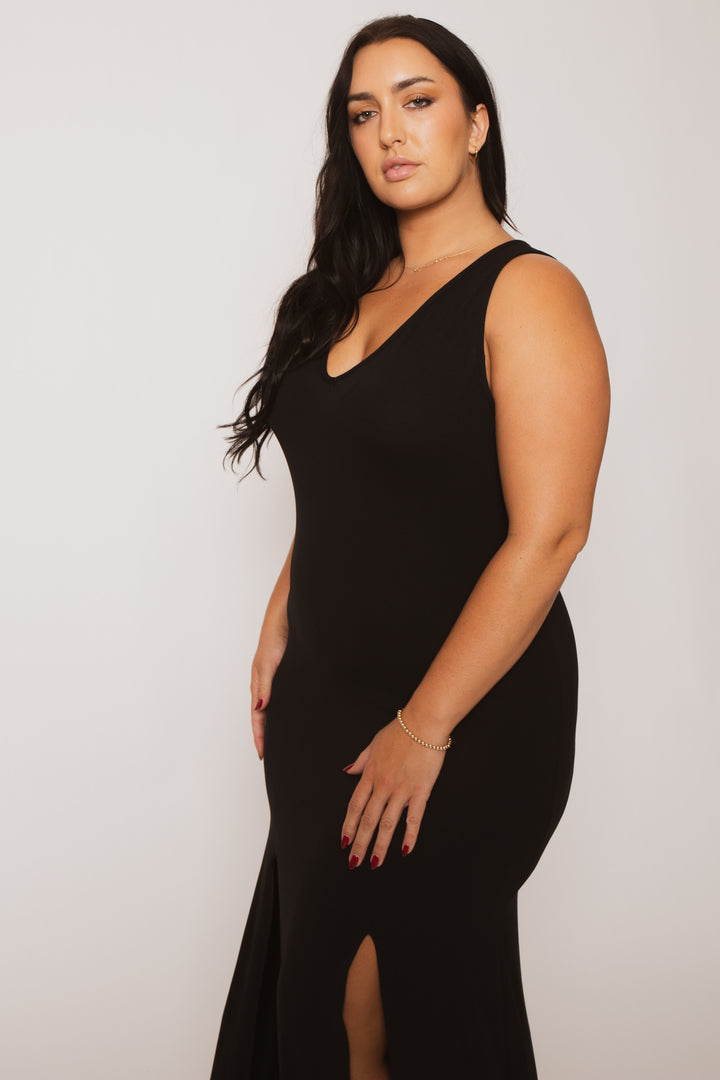 Capella Dresses Plus Size Elise Double Slit Maxi Dress - Black