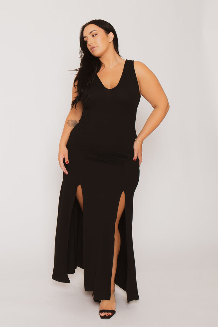Capella Dresses Plus Size Elise Double Slit Maxi Dress - Black