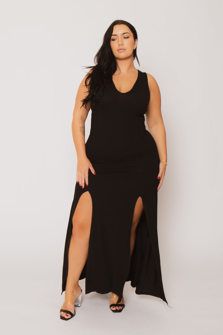 Capella Dresses Plus Size Elise Double Slit Maxi Dress - Black