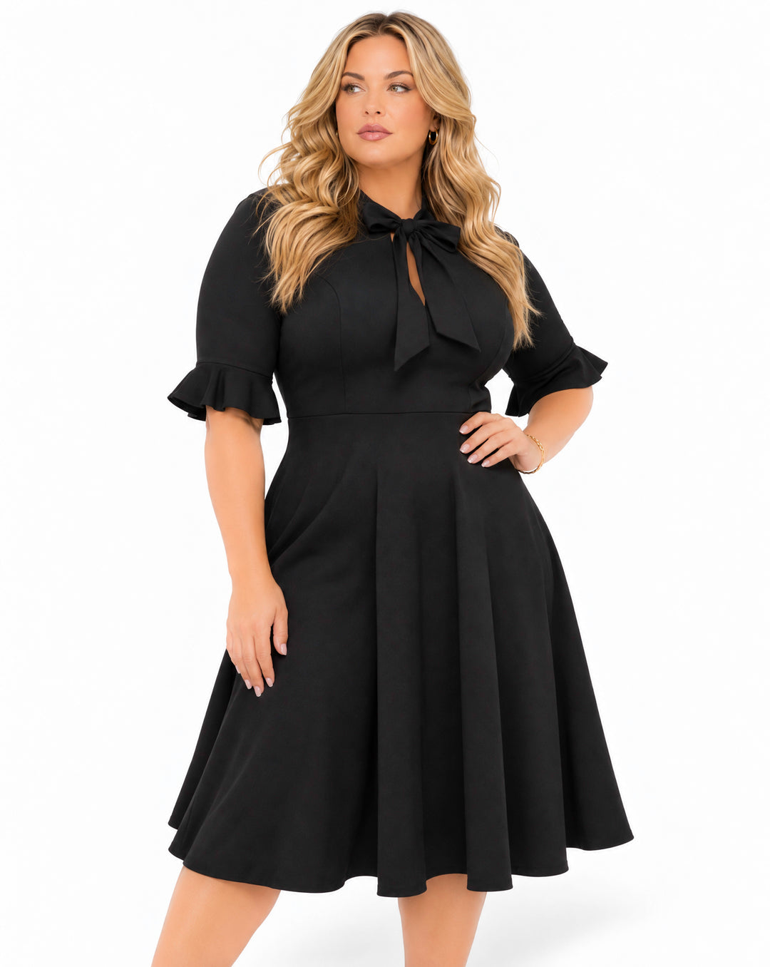 Curvy Sense Inc. Dresses Plus Size Eliza Bow Neck Midi Dress - Black