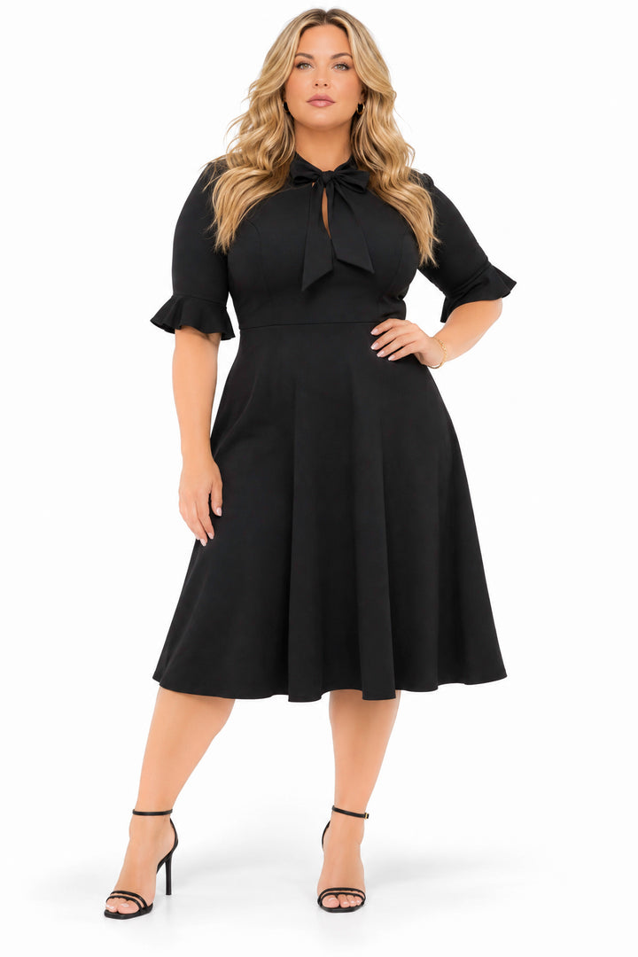 Curvy Sense Inc. Dresses Plus Size Eliza Bow Neck Midi Dress - Black