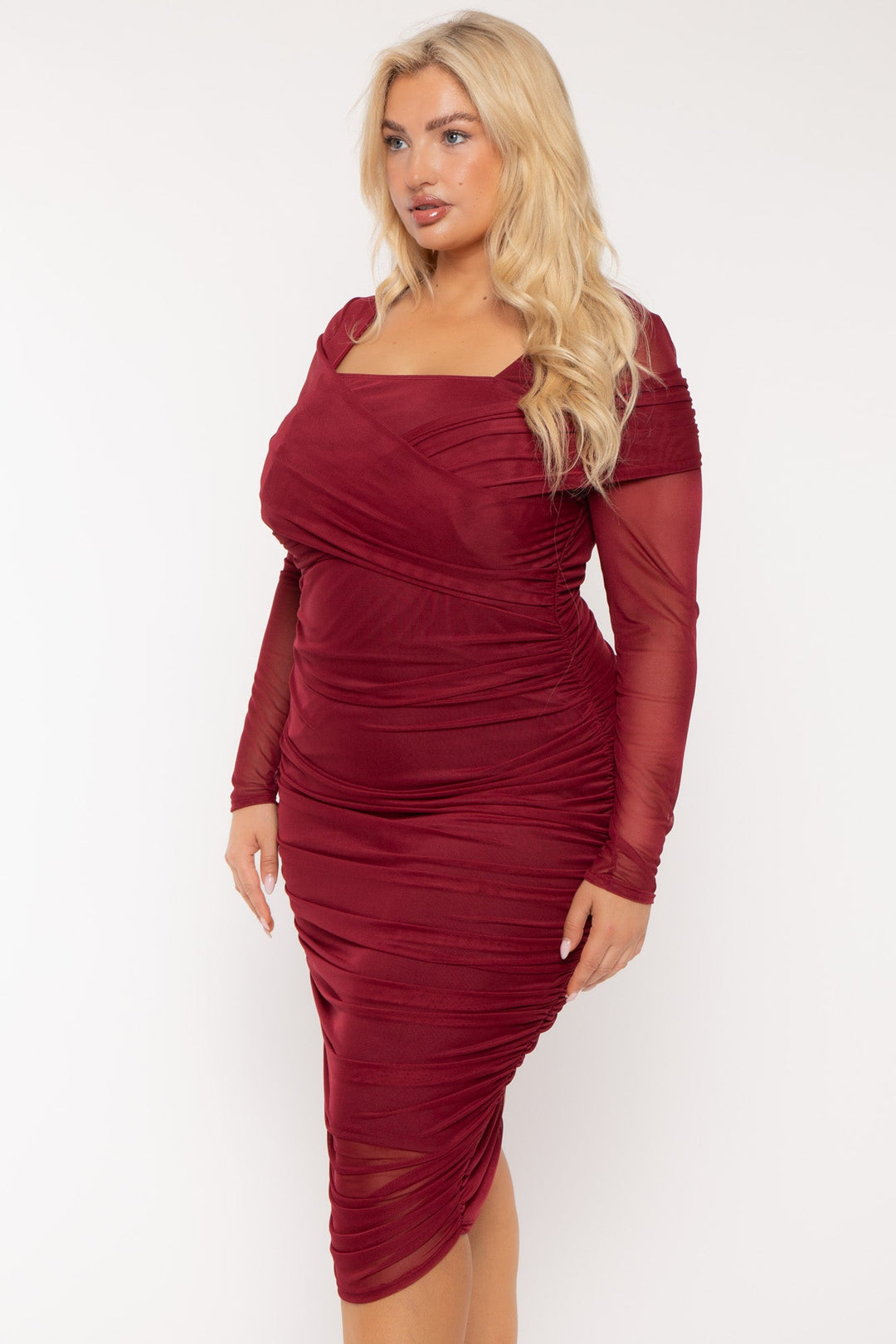 Curvy Sense Dresses Plus Size Elizabeth Mesh Bodycon  Dress- Burgundy