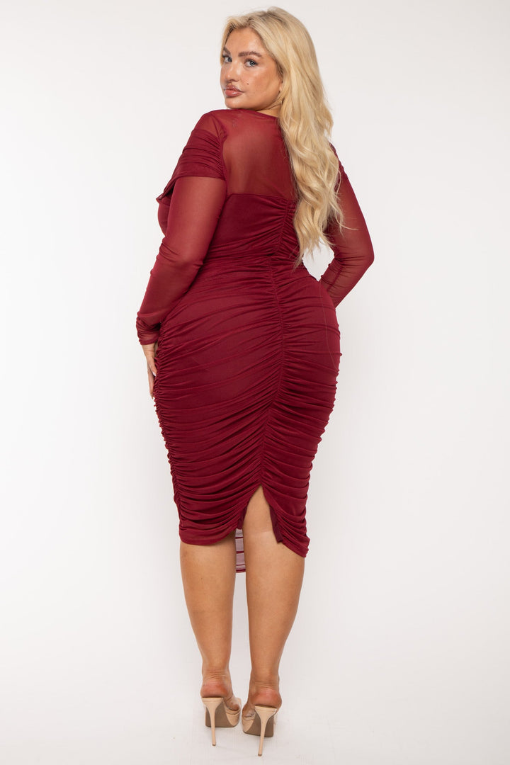 Curvy Sense Dresses Plus Size Elizabeth Mesh Bodycon  Dress- Burgundy