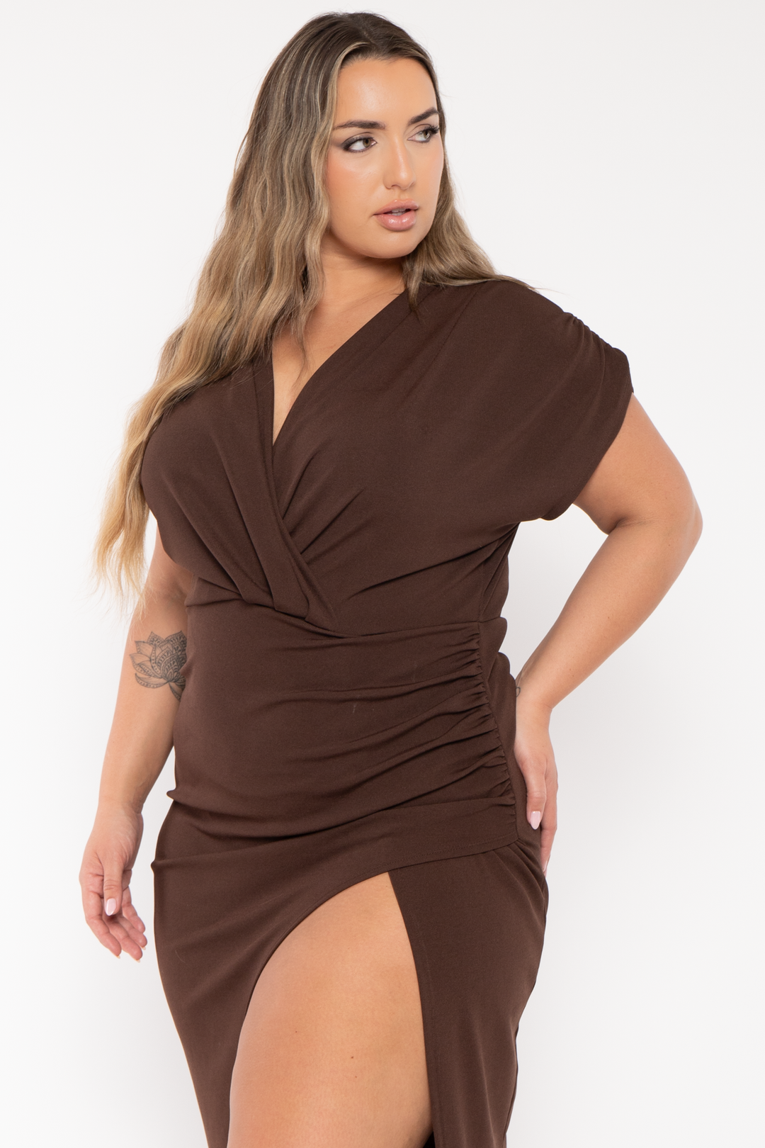 CURVY SENSE Dresses Plus Size Ellie Rib  Midi  Dress - Brown