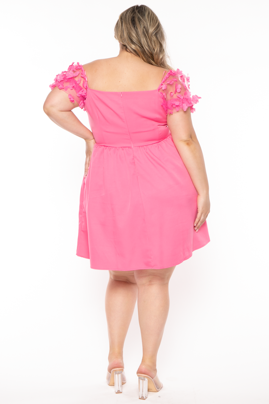 143 Dresses Plus Size Elvina Flora Puff Sleeve Dress - Hot Pink