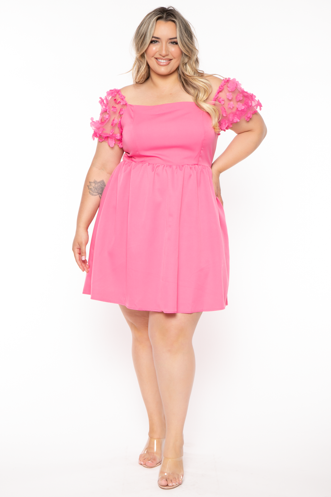143 Dresses Plus Size Elvina Flora Puff Sleeve Dress - Hot Pink
