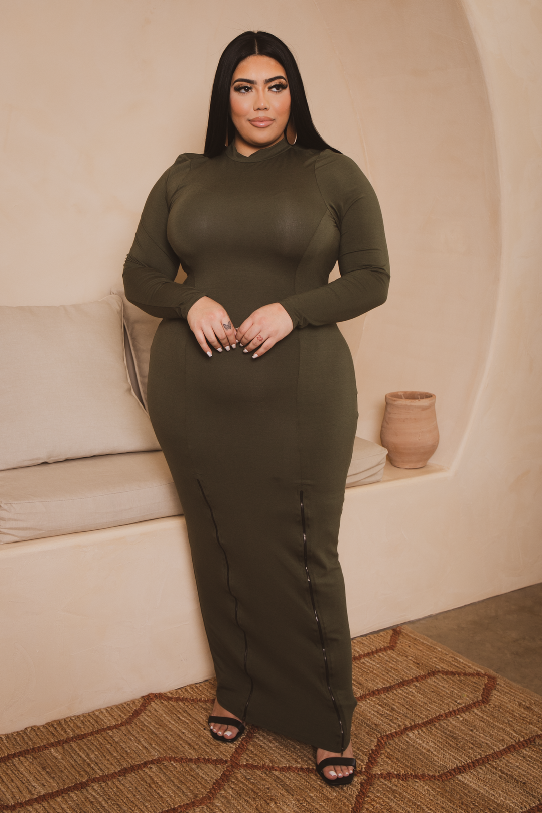 Curvy Sense Dresses 1X / Olive Plus Size Emmeline Double Zip Maxi Dress - Olive