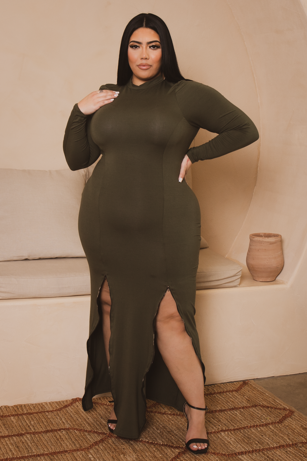 Curvy Sense Dresses Plus Size Emmeline Double Zip Maxi Dress - Olive