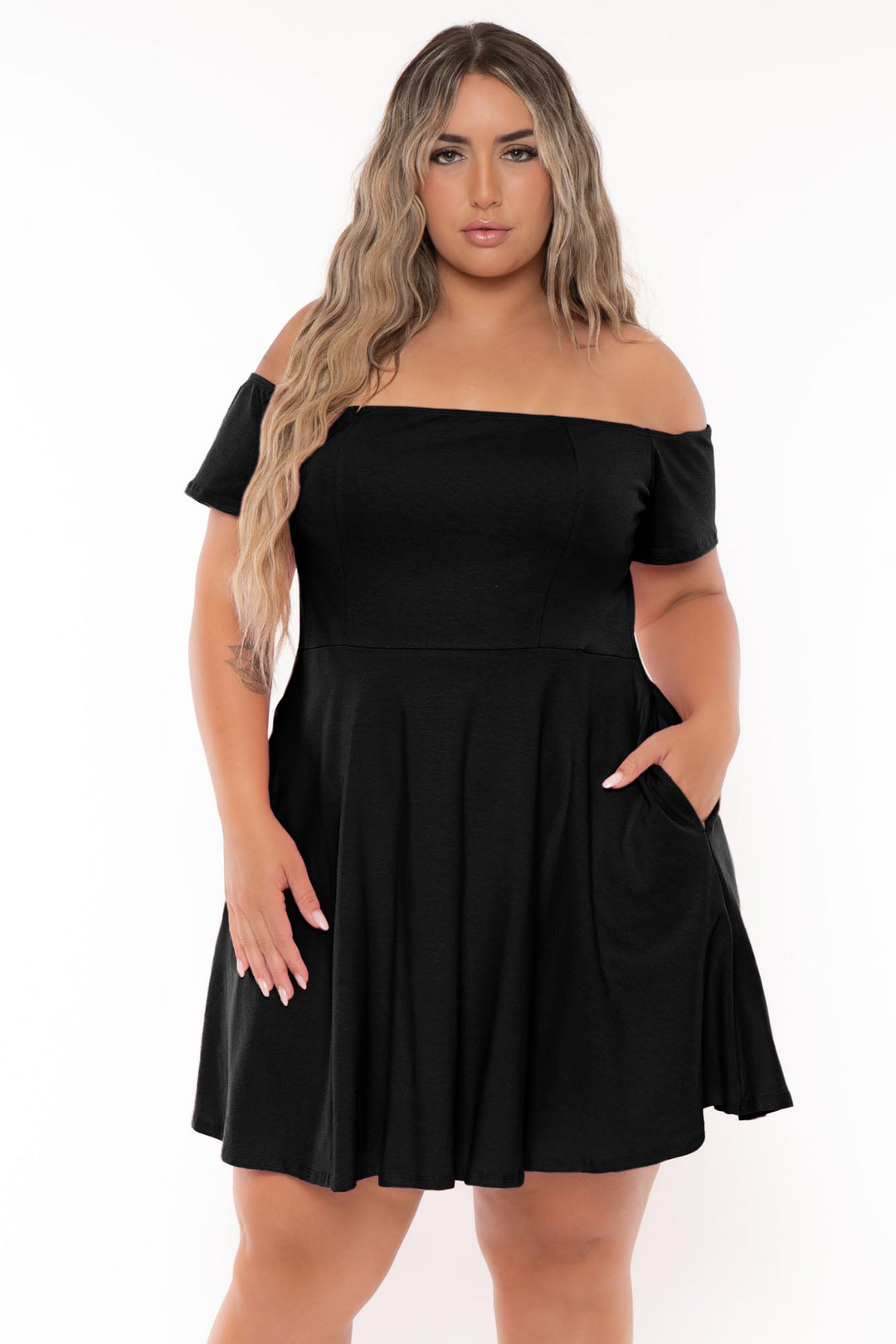 Curvy Sense Dresses Plus Size Ennis Off The Shoulder Flare  Dress - Black