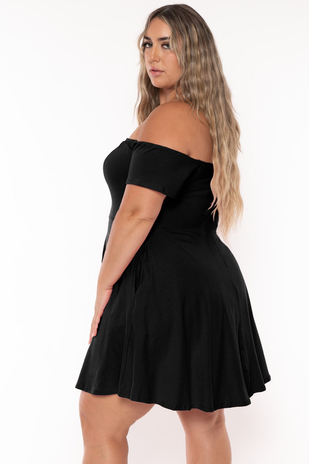 Curvy Sense Dresses Plus Size Ennis Off The Shoulder Flare  Dress - Black