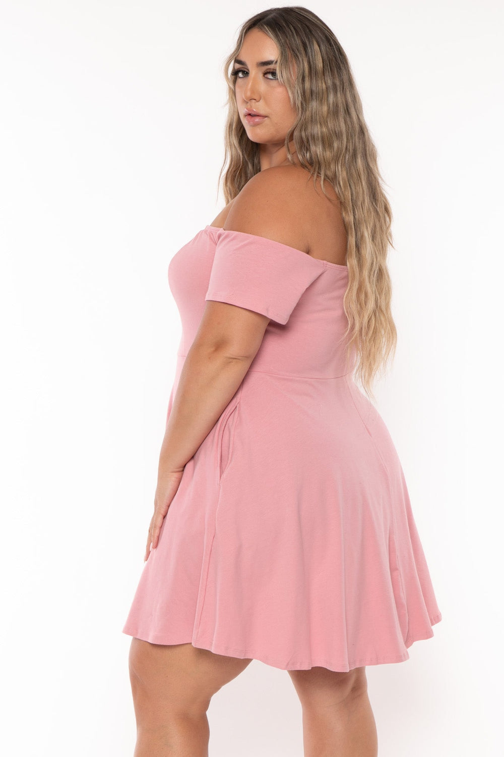 Curvy Sense Dresses Plus Size Ennis Off The Shoulder Flare  Dress - Pink