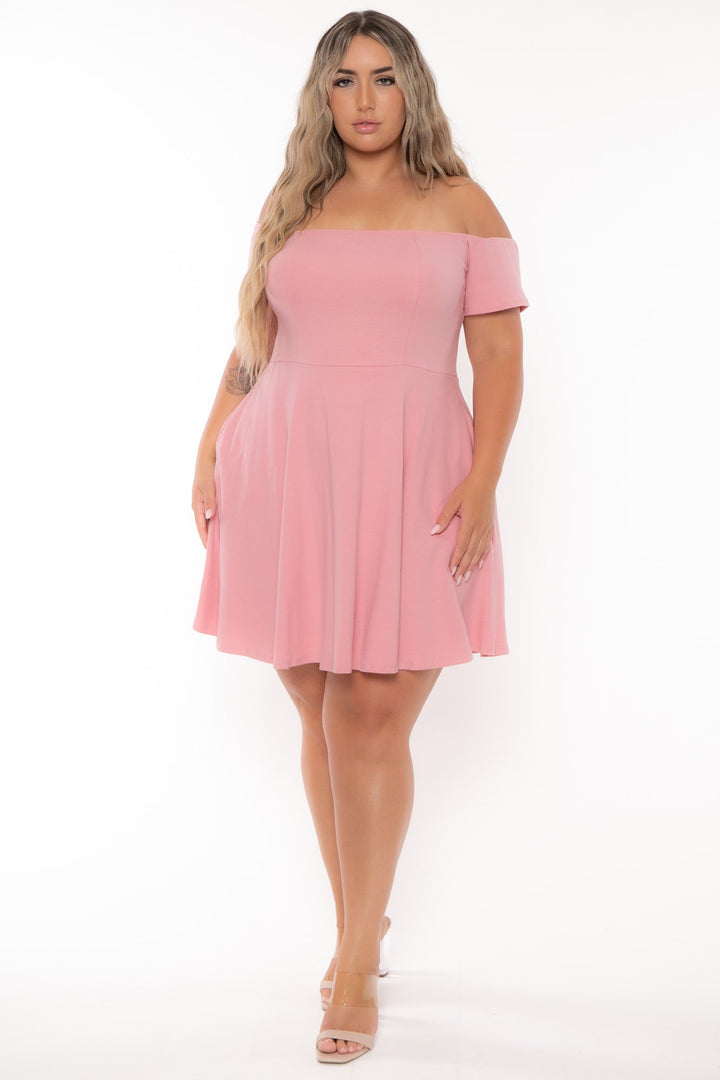 Curvy Sense Dresses Plus Size Ennis Off The Shoulder Flare  Dress - Pink