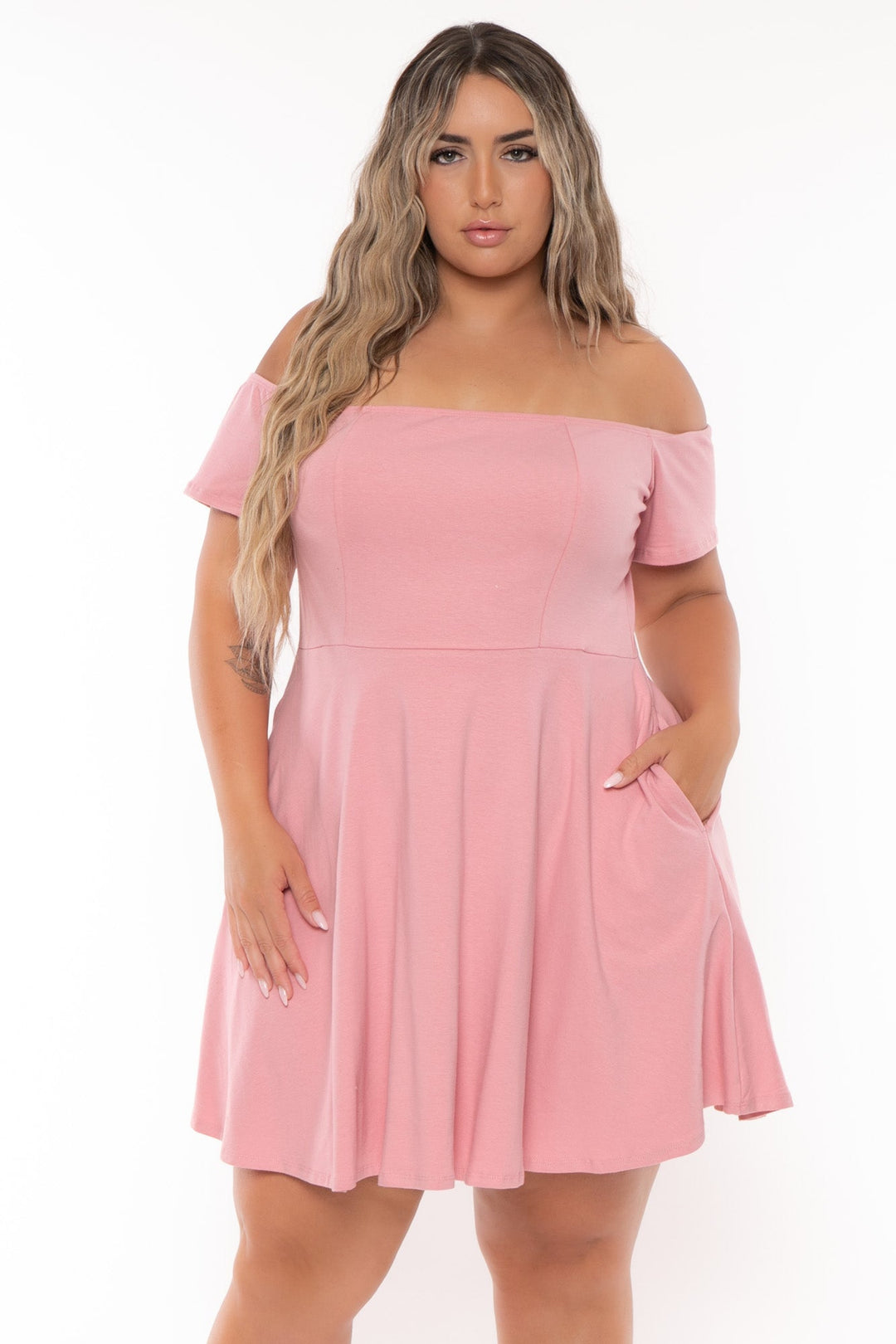 Curvy Sense Dresses Plus Size Ennis Off The Shoulder Flare  Dress - Pink