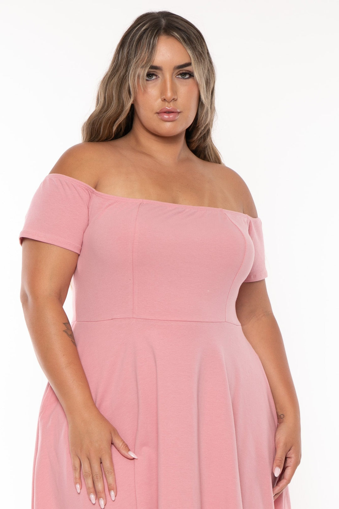 Curvy Sense Dresses Plus Size Ennis Off The Shoulder Flare  Dress - Pink