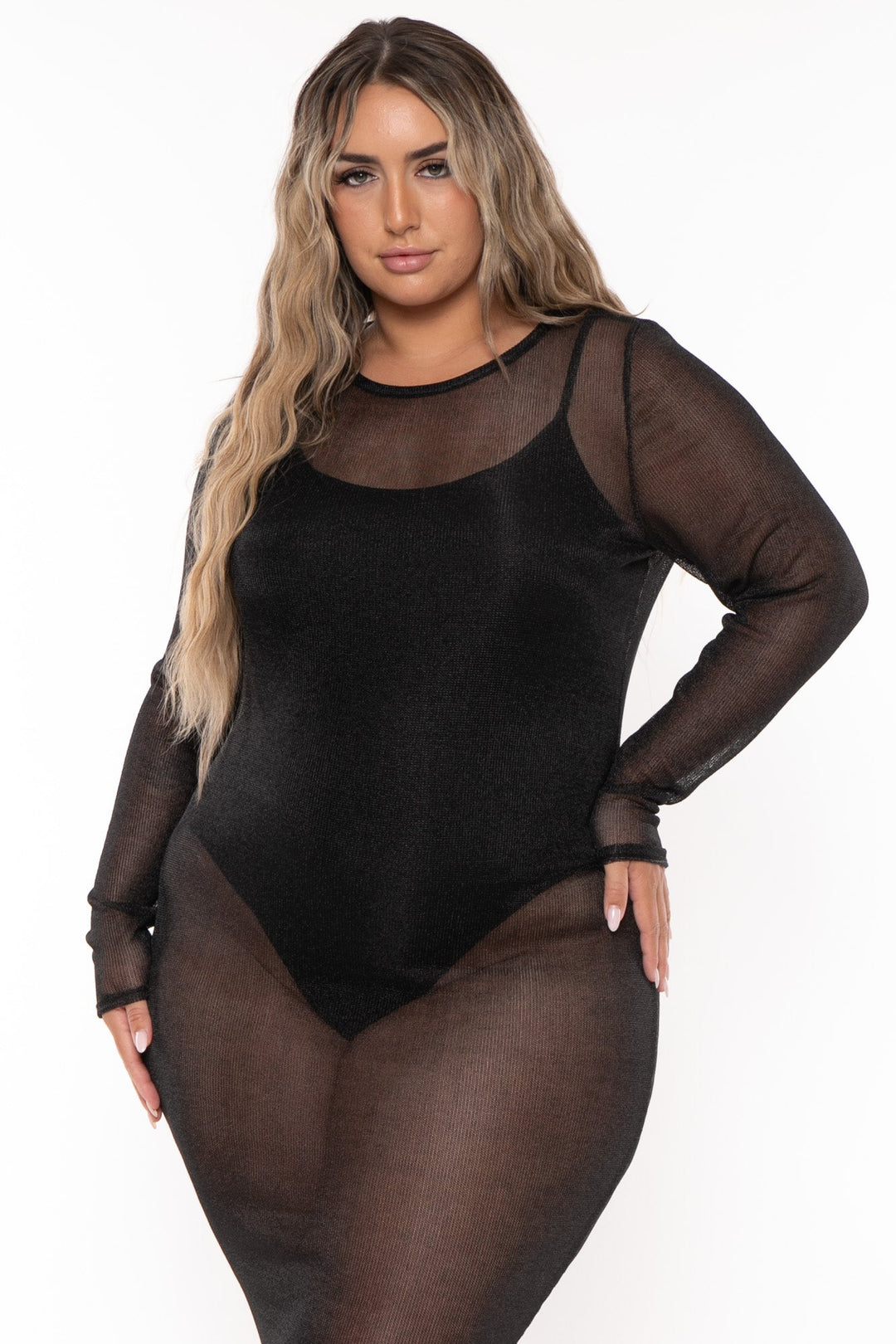 Curvy Sense Dresses Plus Size Enssy Metallic Mesh  Dress - Black