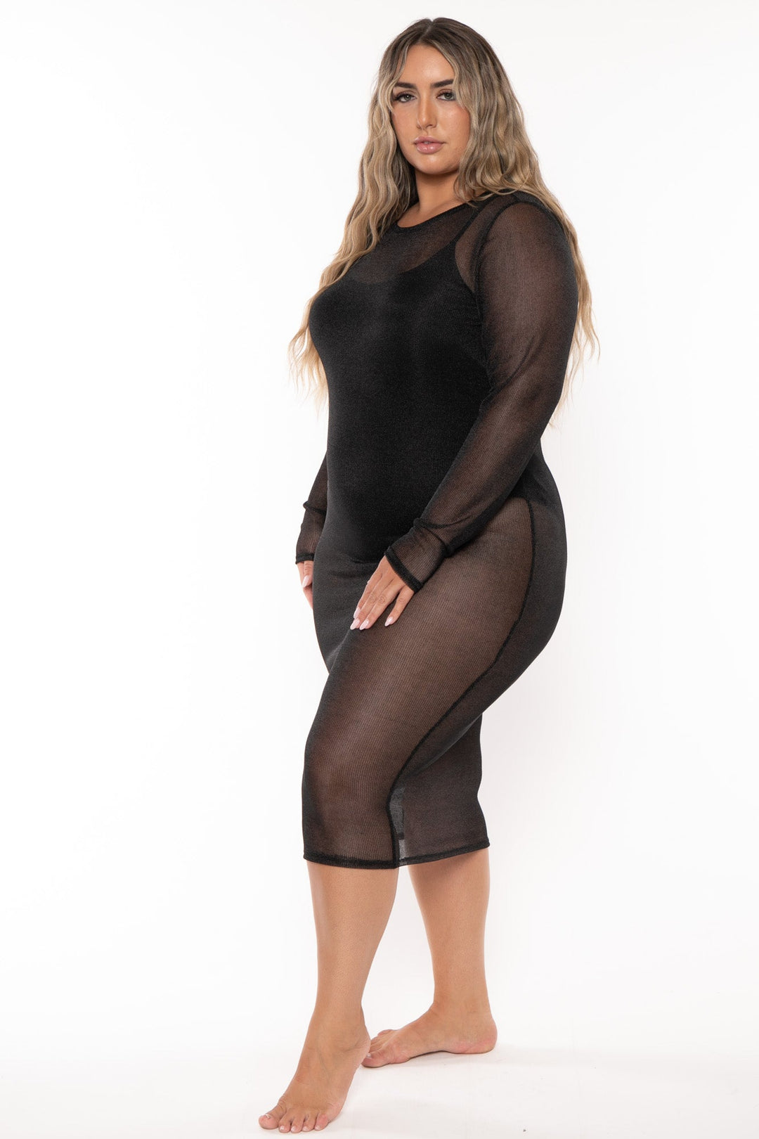 Curvy Sense Dresses Plus Size Enssy Metallic Mesh  Dress - Black