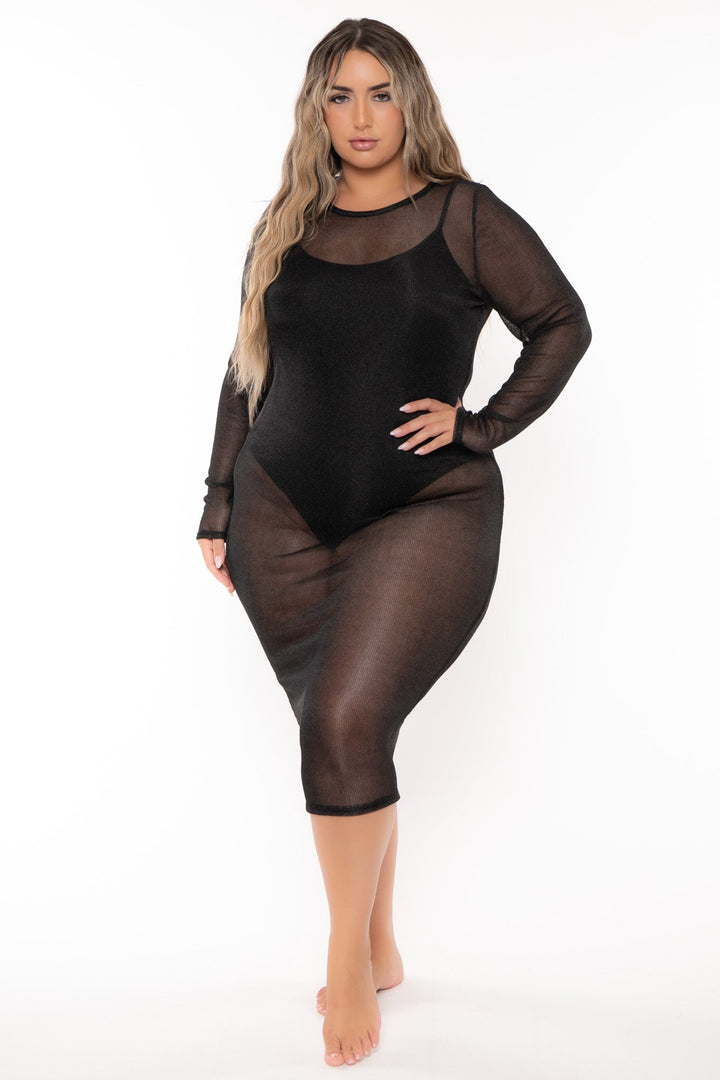 Curvy Sense Dresses Plus Size Enssy Metallic Mesh  Dress - Black