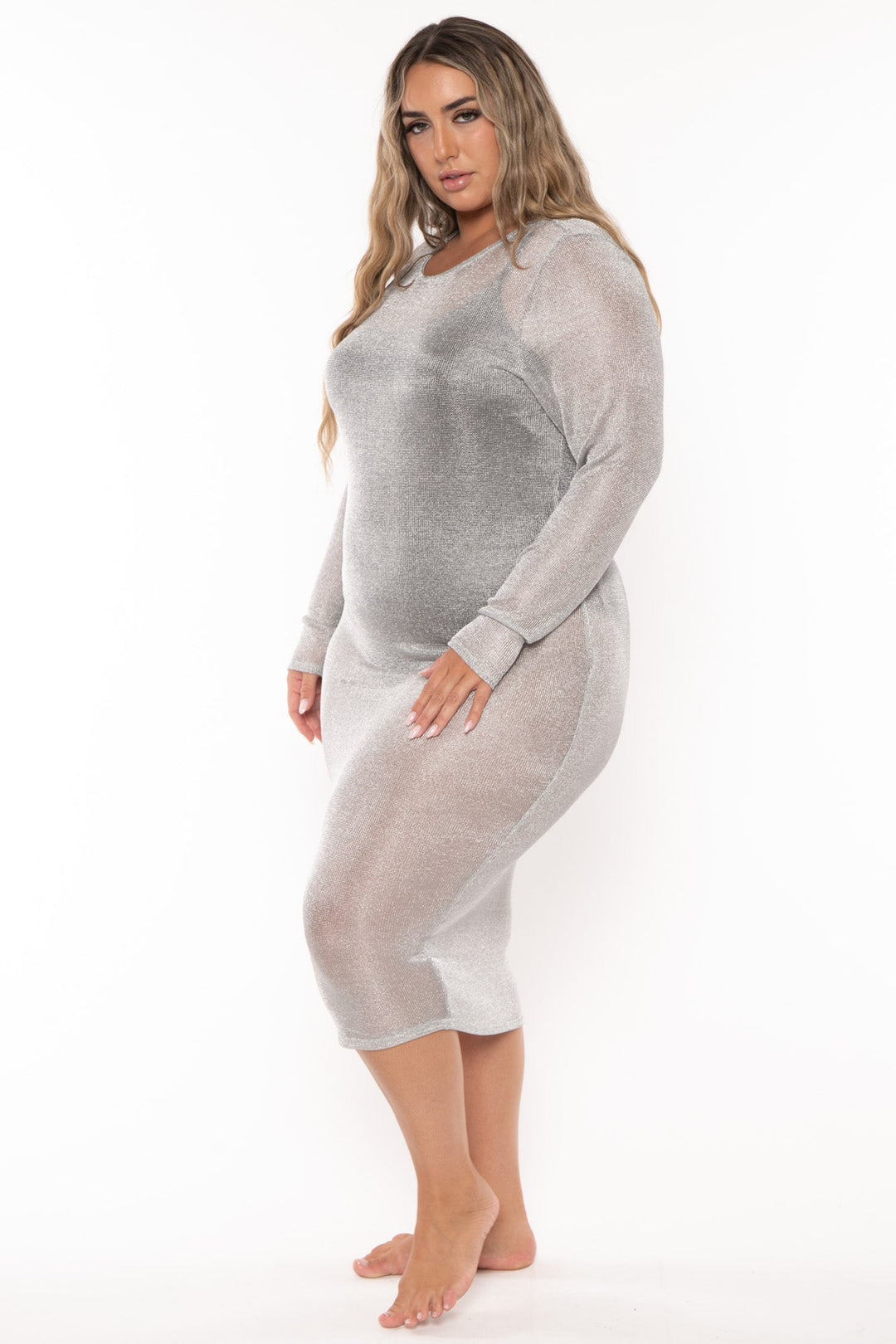 Curvy Sense Dresses Plus Size Enssy Metallic Mesh  Dress -Silver