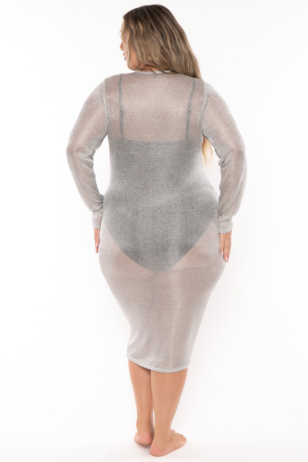 Curvy Sense Dresses Plus Size Enssy Metallic Mesh  Dress -Silver