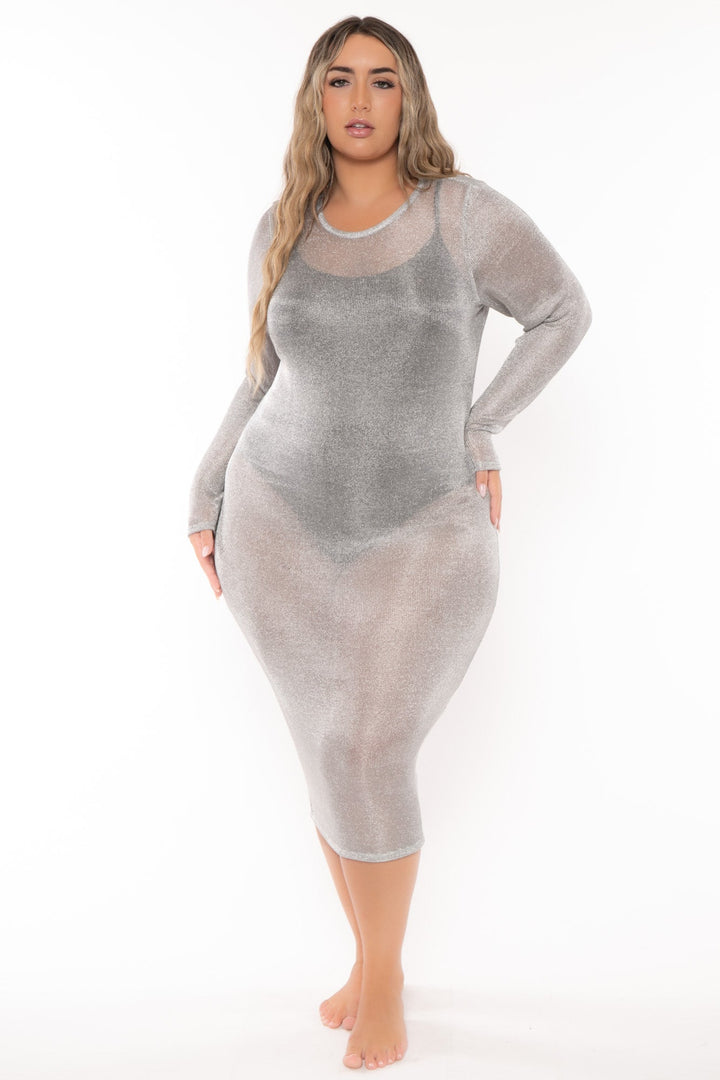 Curvy Sense Dresses Plus Size Enssy Metallic Mesh  Dress -Silver