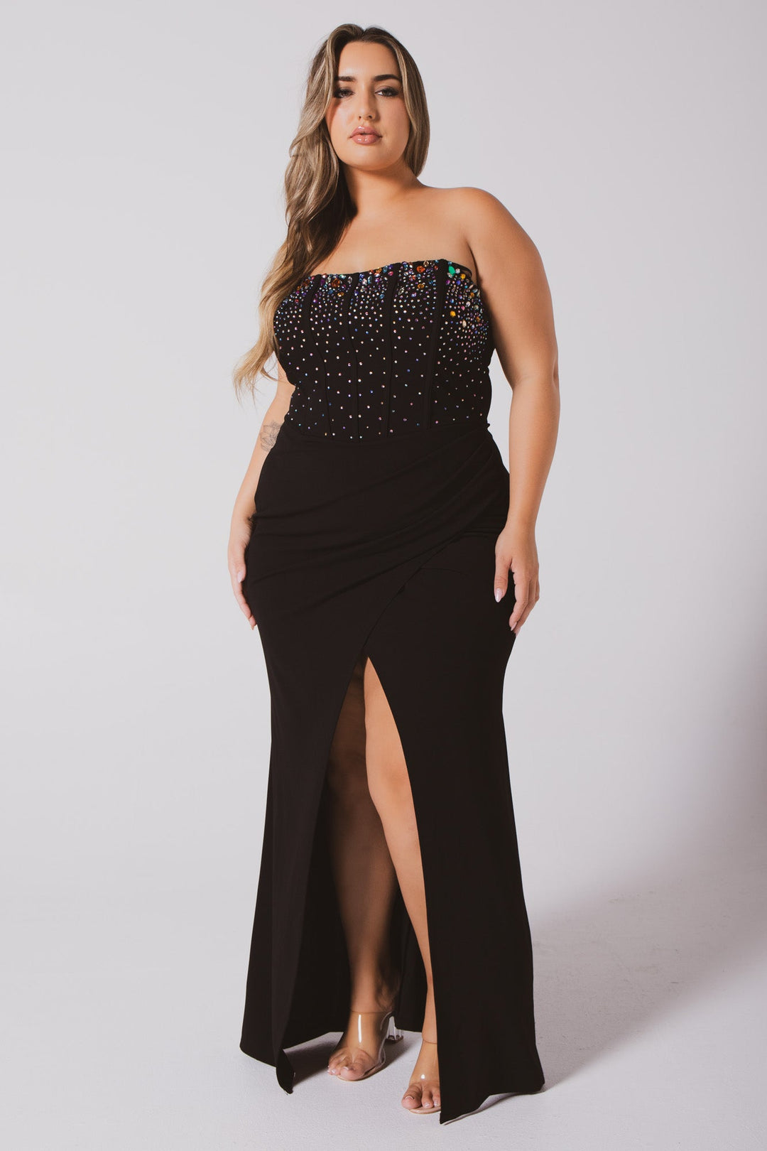 SYMPHONY Dresses Plus Size Estelle Rhinestone Bustier  Dress- Black