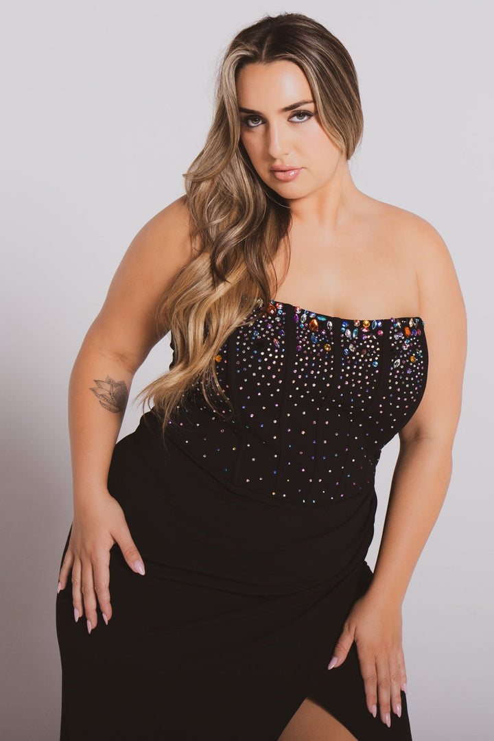 SYMPHONY Dresses Plus Size Estelle Rhinestone Bustier  Dress- Black