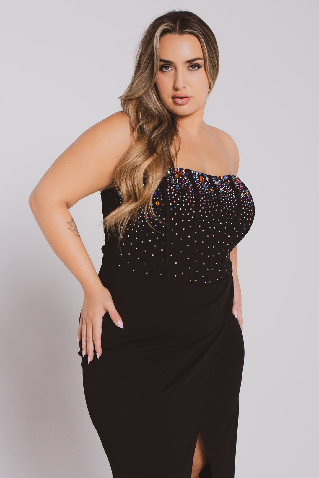 SYMPHONY Dresses Plus Size Estelle Rhinestone Bustier  Dress- Black