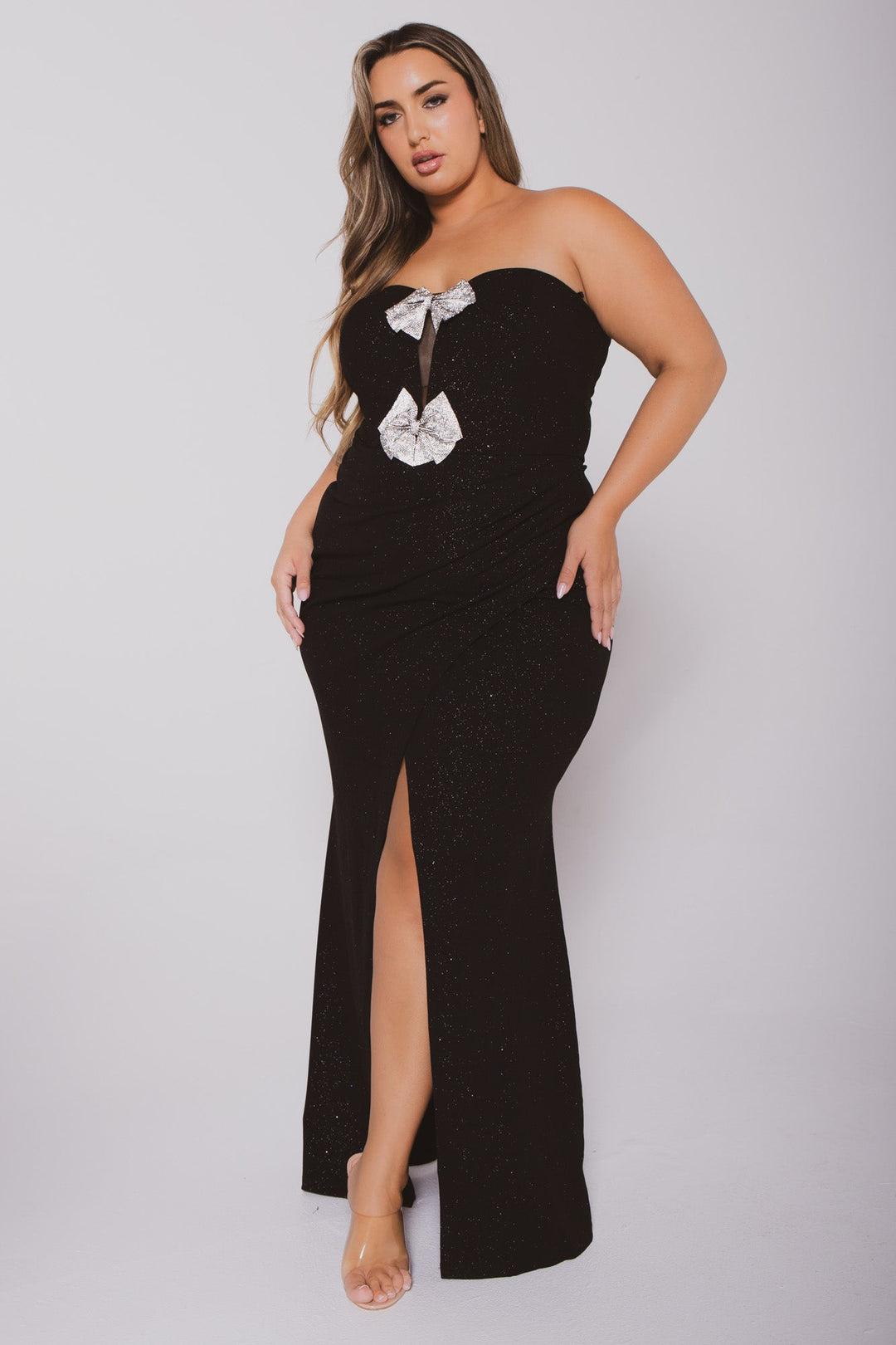 Plus Size Evangeline Bow Front Dress- Black 2X / Black at Curvy Sense Plus Size Evangeline Bow Front Dress- Black 2X / Black at Curvy Sense