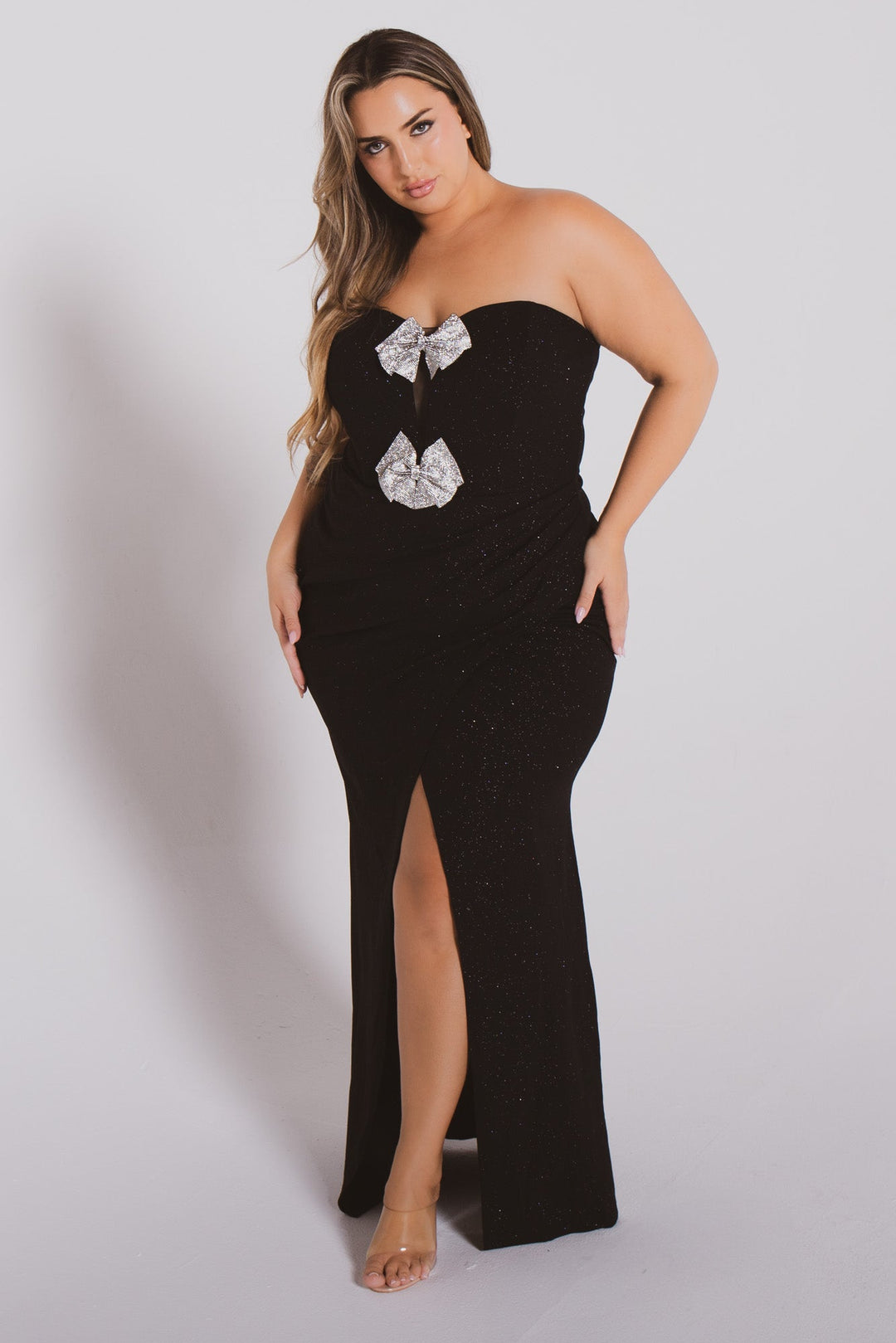Plus Size Evangeline Bow Front Dress- Black 2X / Black at Curvy Sense Plus Size Evangeline Bow Front Dress- Black 2X / Black at Curvy Sense