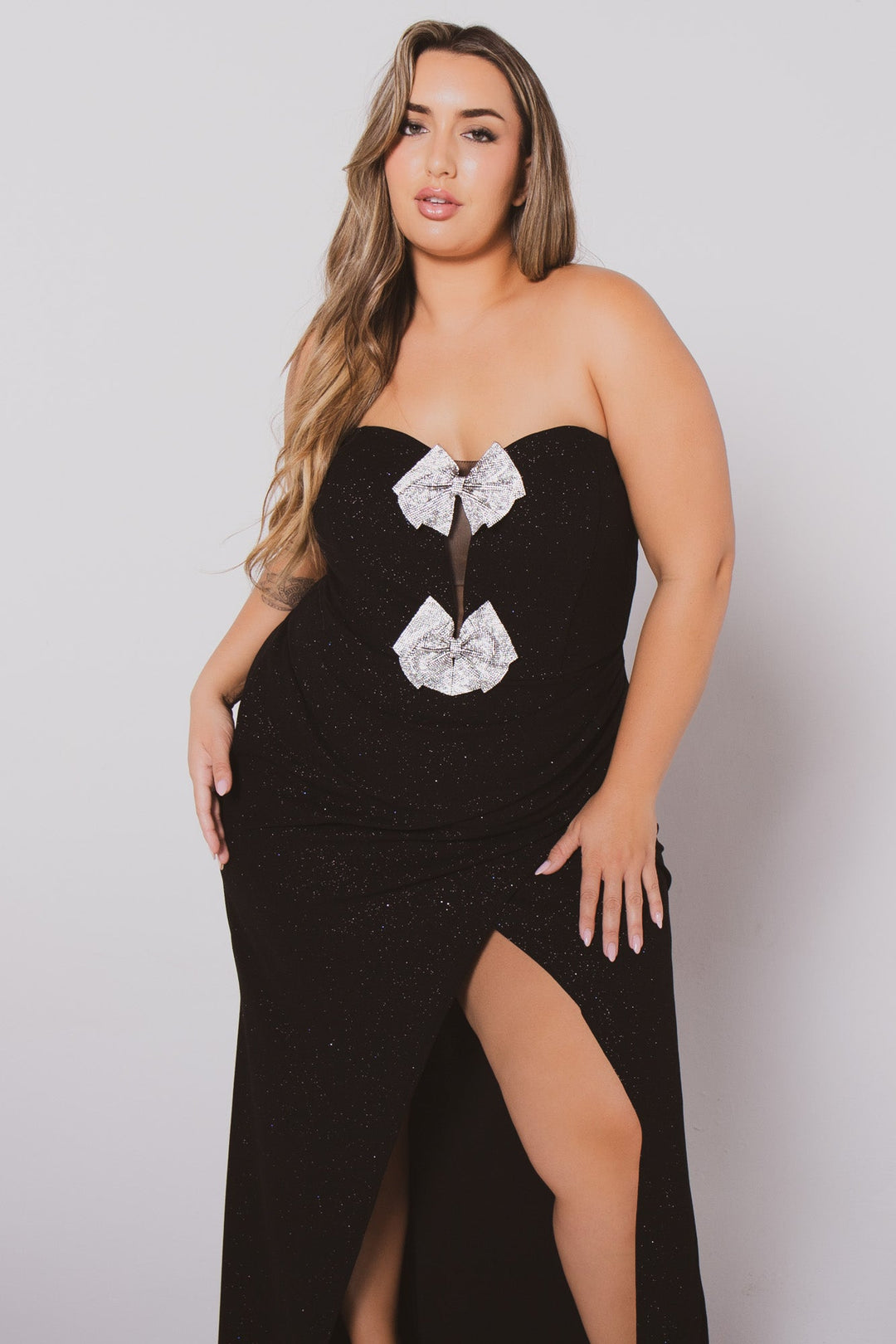 SYMPHONY Dresses Plus Size Evangeline Bow Front  Dress- Black