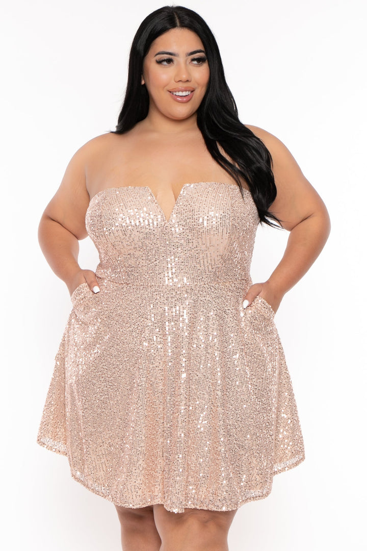 Curvy Sense Dresses Plus Size Evanna Flare Sequin Dress - Gold