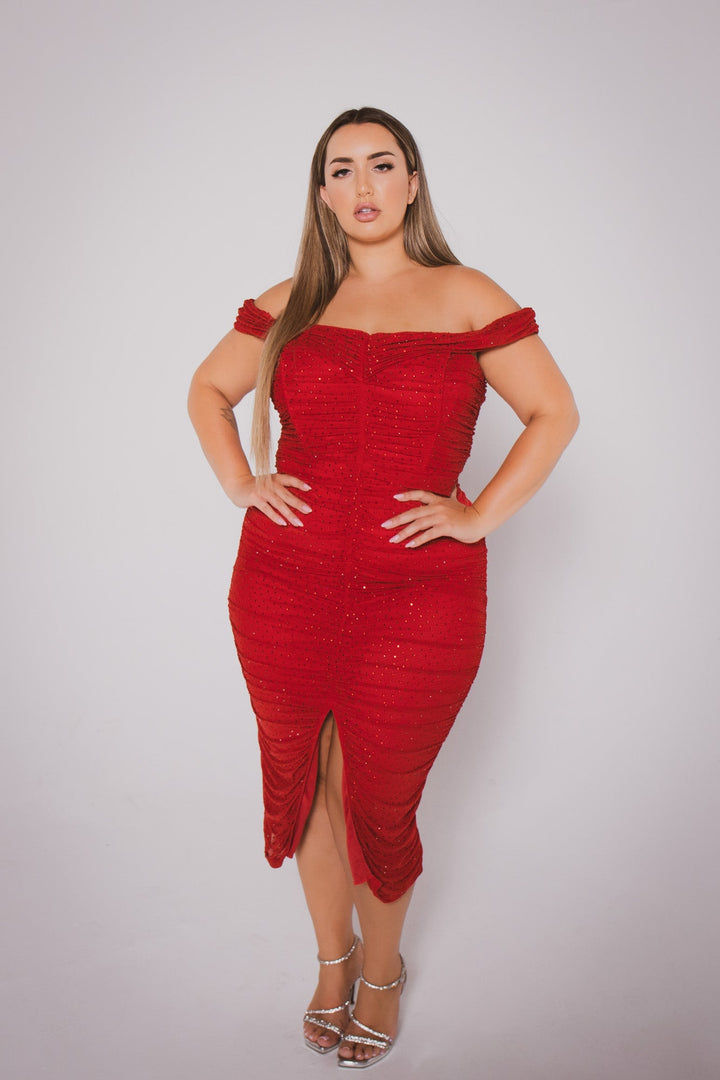 SYMPHONY Dresses Plus Size Evelina Studded Midi Dress- Red