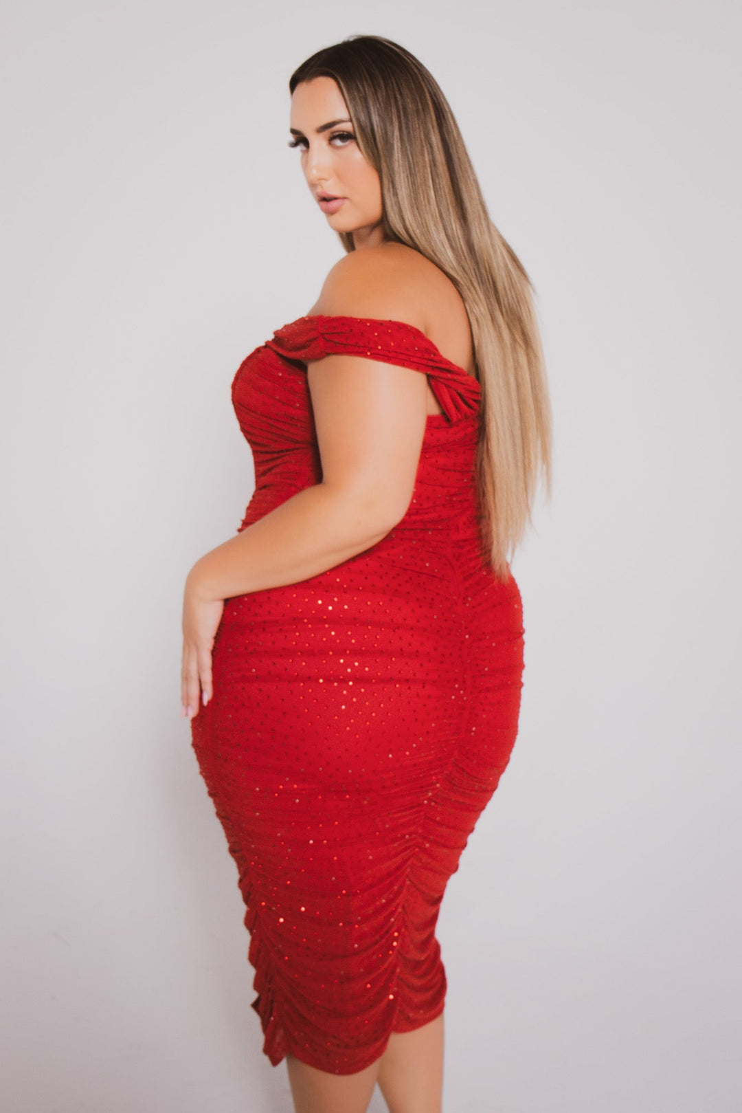 SYMPHONY Dresses Plus Size Evelina Studded Midi Dress- Red