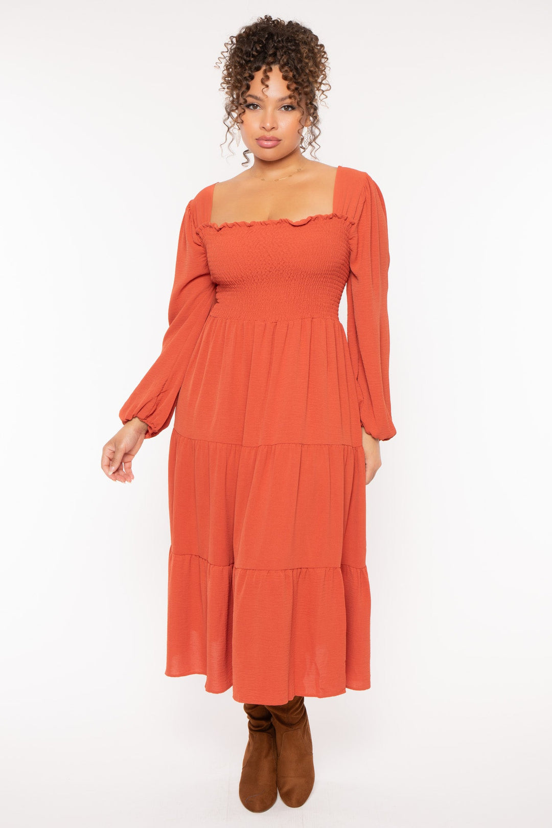 Plus Size Evie Smock Tiered Dress - Burnt Orange 3X / Burnt Orange at Curvy Sense Plus Size Evie Smock Tiered Dress - Burnt Orange 3X / Burnt Orange at Curvy Sense
