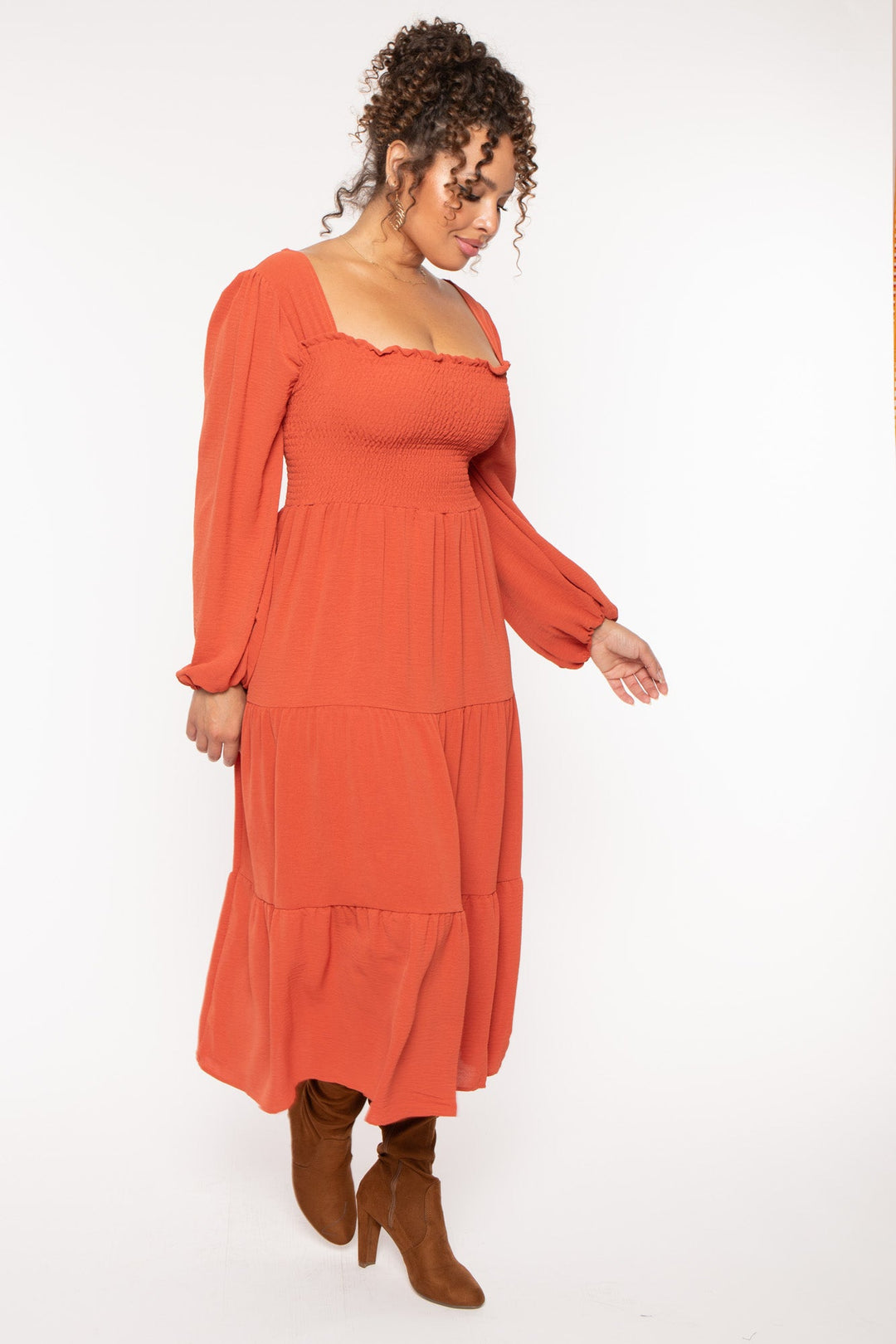 CULTURE CODE Dresses Plus Size Evie Smock Tiered   Dress - Burnt Orange