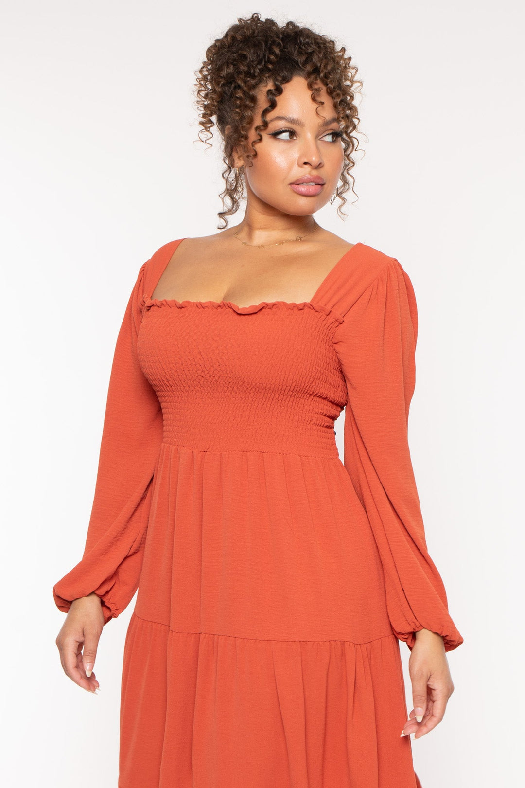 Women's Plus Size Evie Smock Tiered Dress - Burnt Orange - Curvy Sense Women's Plus Size Evie Smock Tiered Dress - Burnt Orange - Curvy Sense