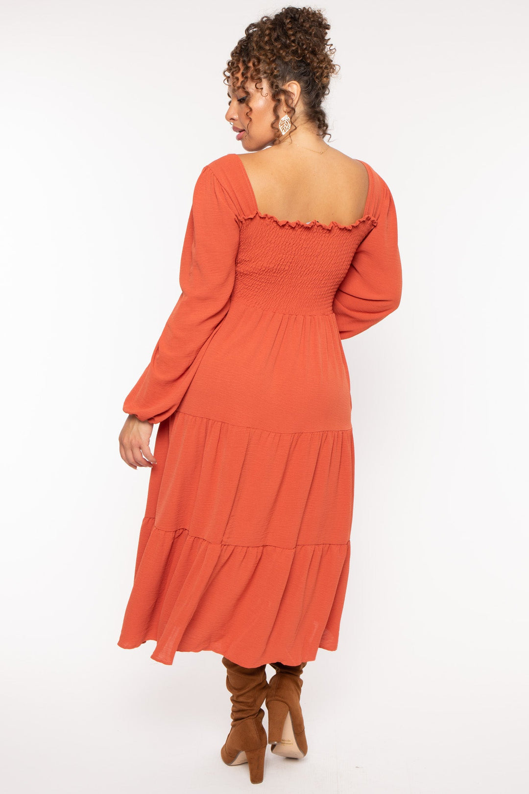 Women's Plus Size Evie Smock Tiered Dress - Burnt Orange - Curvy Sense Women's Plus Size Evie Smock Tiered Dress - Burnt Orange - Curvy Sense