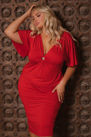 Curvy Sense Dresses Plus Size Farrah O-Ring  Midi Dress - Red