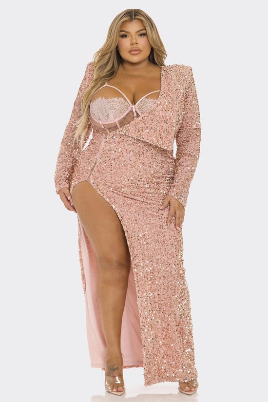 Banjul Dresses Plus Size Fire Sequins Two Piece Long Sleeve Dress Set- Blush