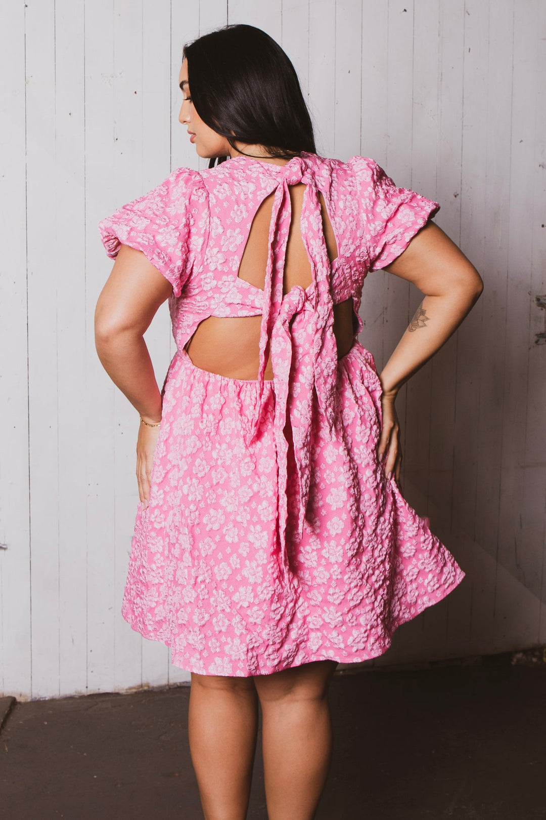 Women's Plus Size Flora Bow Back Mini Dress - Pink - Curvy Sense Women's Plus Size Flora Bow Back Mini Dress - Pink - Curvy Sense