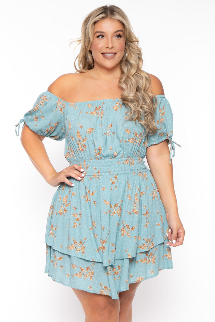 Curvy Sense Dresses 1X / Turquoise Plus Size Floral Sienna Swiss Dot Dress -Turquoise