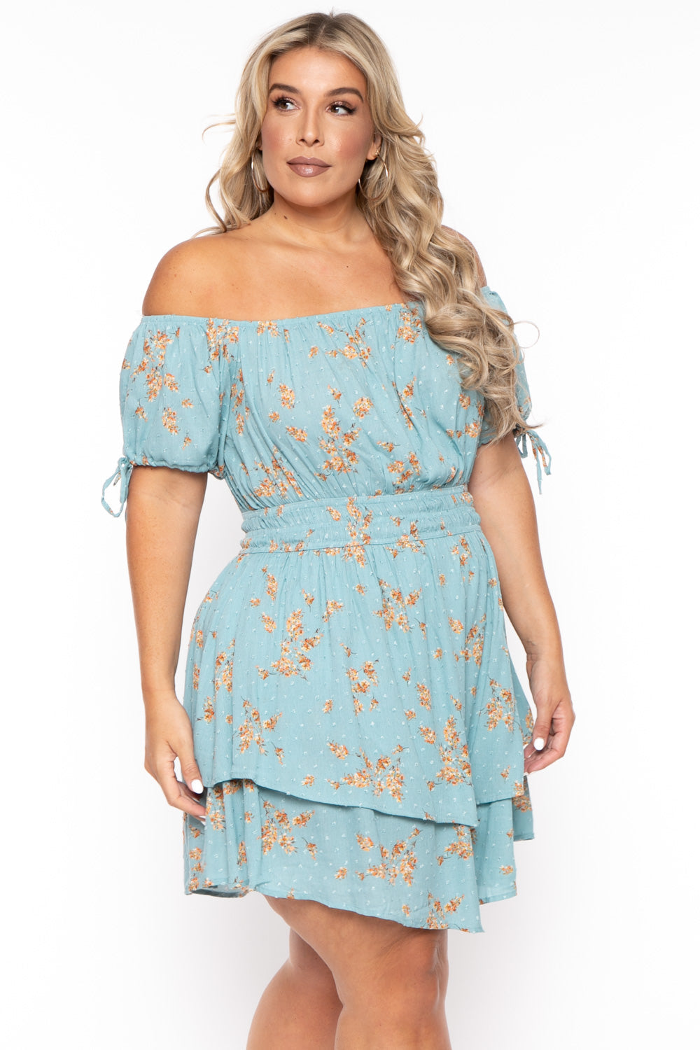 Curvy Sense Dresses Plus Size Floral Sienna Swiss Dot Dress -Turquoise