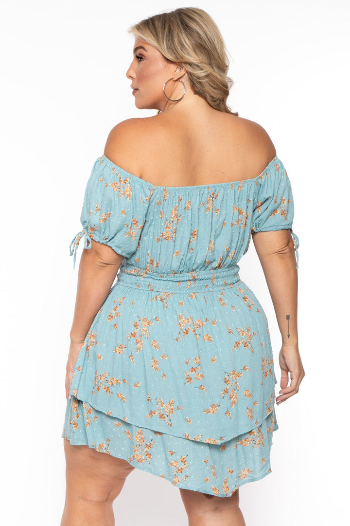 Curvy Sense Dresses Plus Size Floral Sienna Swiss Dot Dress -Turquoise