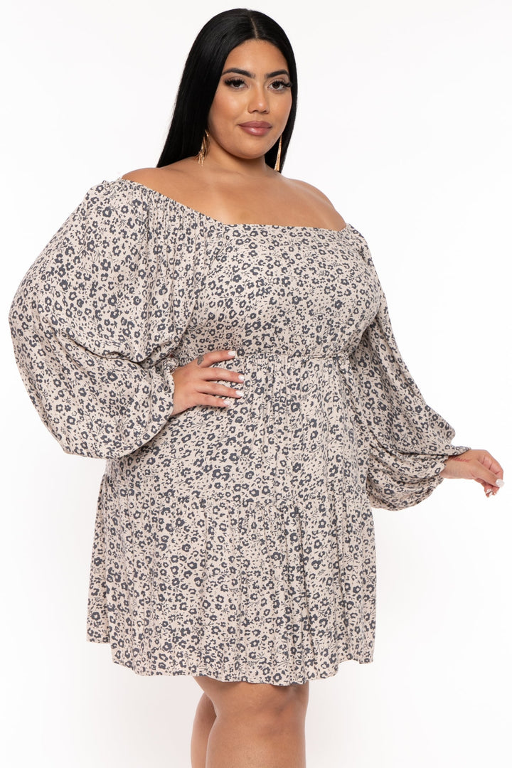 Jade By Jane Dresses Plus Size Floral Smocked Ruffle Dress - Sand