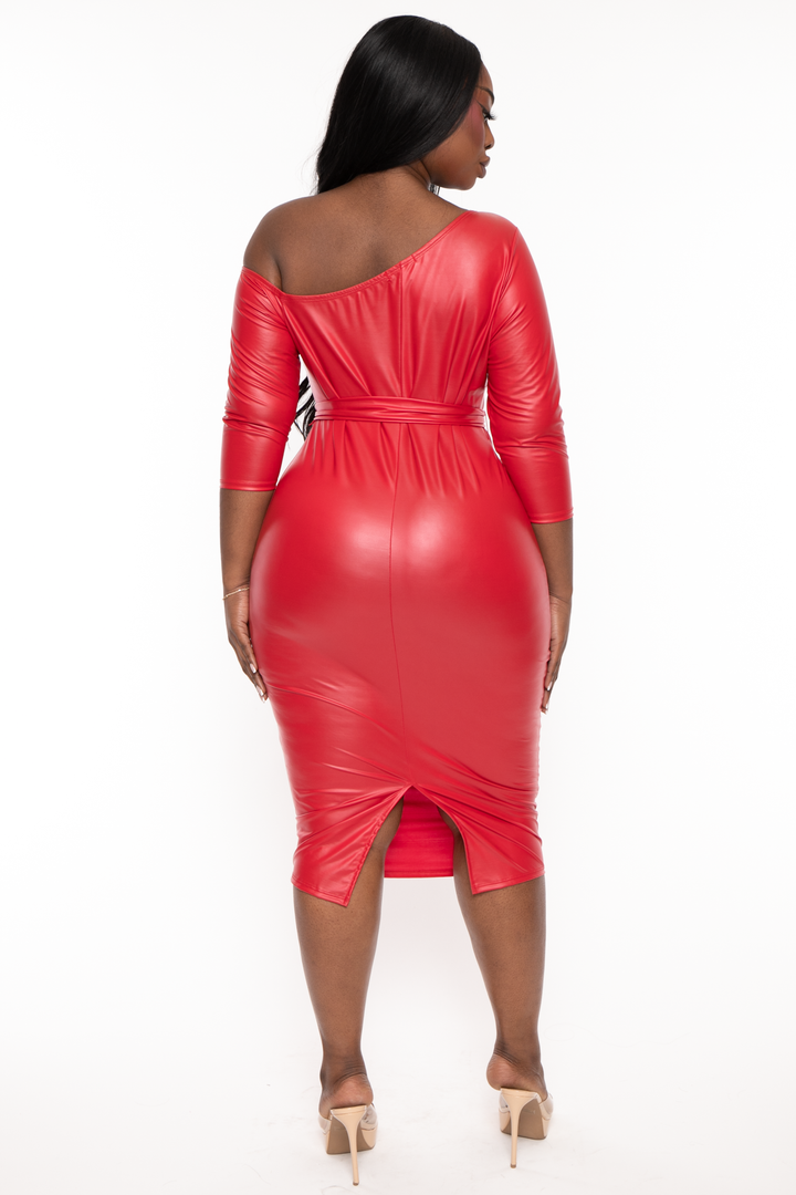 Curvy Sense Dresses Plus Size Foxee Faux Leather Midi Dress - Red