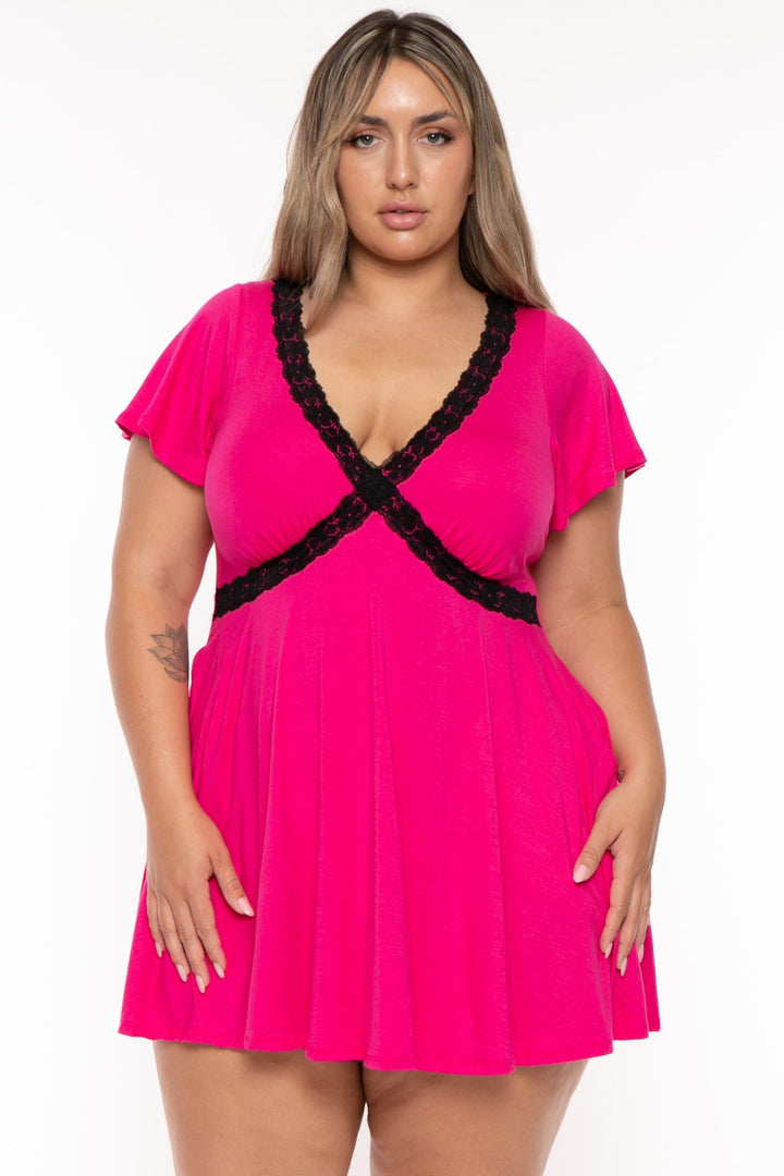 Curvy Sense Dresses Plus Size Gaby  Lace Flare Dress - Fuchsia