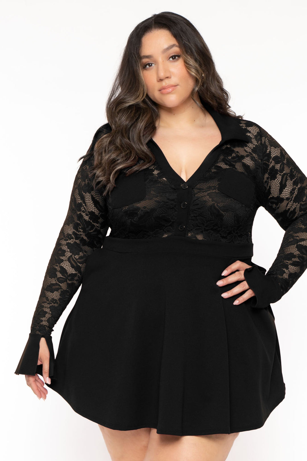 Curvy Sense Dresses 1X / Black Plus Size  Gamela Lace Flare Dress - Black