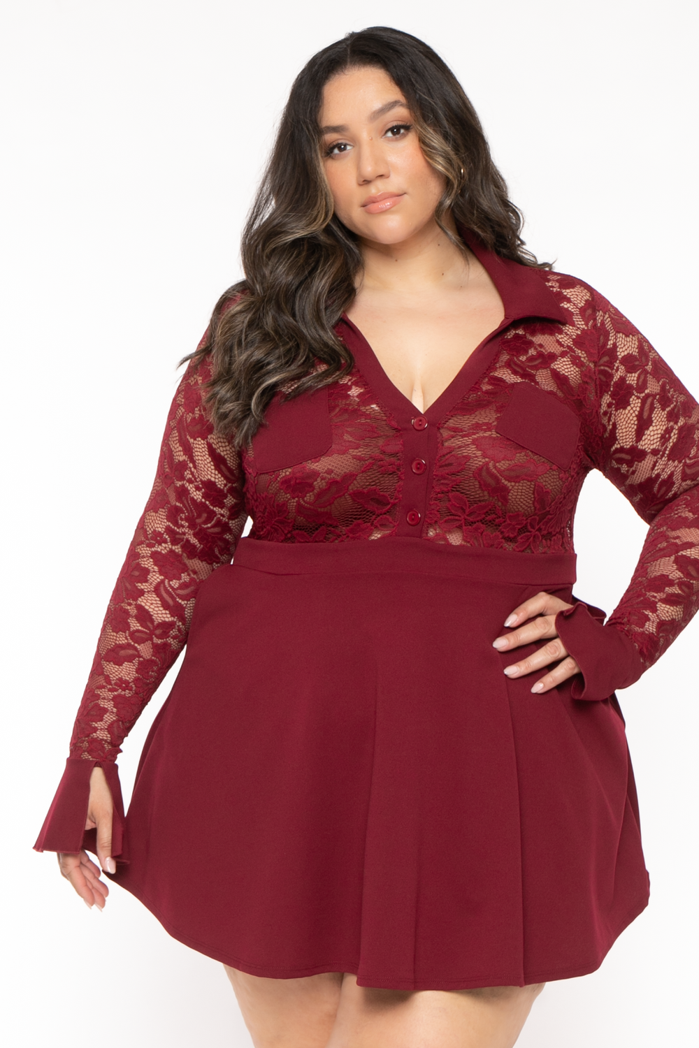 Curvy Sense Dresses Plus Size  Gamela Lace Flare Dress - Burgundy